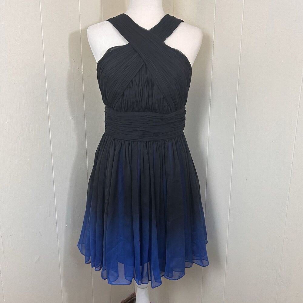 HALSTON Heritage Women's Size 6 Black/Cobalt Blue Ombre Formal Halter Dress.